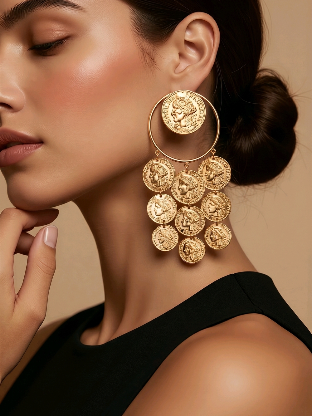 Gold Coin Drop Hoop Earrings - Women Jewelry